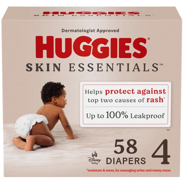 pañales huggies skin essentials tamaño 4 para bebé (10-16 kg) x58 caja frontal beige con logo Huggies en rojo, texto Skin Essentials, número 58 y talla 4; muestra bebé gateando en pañal y recuadro que indica en empaque protección hasta 100% a prueba de fugas y aprobación dermatológica.