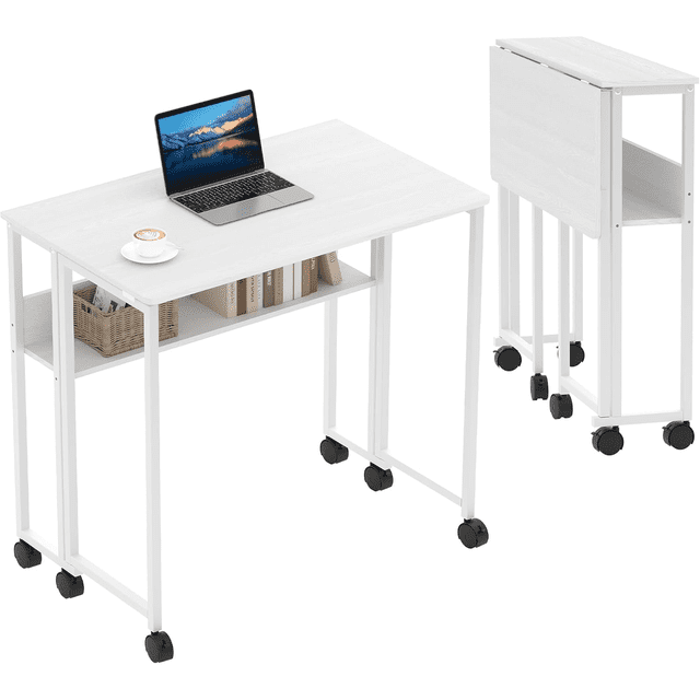 Escritorio Plegable con Ruedas y Repisa de Almacenamiento, Escritorio Pequeño de Computadora de 24.8" para Oficina en Casa, Mesa Rodante Plegable para Laptop para Espacios Pequeños, Fácil de