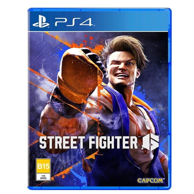 street fighter 6 playstation 4 fisico portada frontal de caja PS4 con personaje en primer plano levantando un guante naranja, fondo azul con salpicaduras naranjas, logotipos PS4 y Capcom y sello de clasificación B15; a menudo usado por coleccionistas para exhibir en estanterías de videojuegos.
