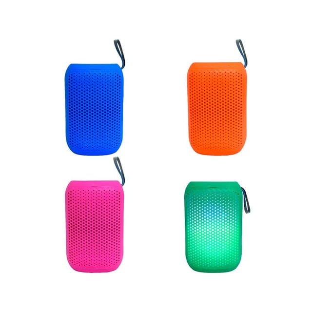bocina bt linkbits 2 multicolor cuatro unidades frontales (azul, naranja, rosa, verde) con carcasa perforada rectangular, esquinas redondeadas y correa para colgar; bocina Bluetooth portátil para mochila o uso en escritorio, a menudo usada también para reproducir audio desde laptop durante tareas.