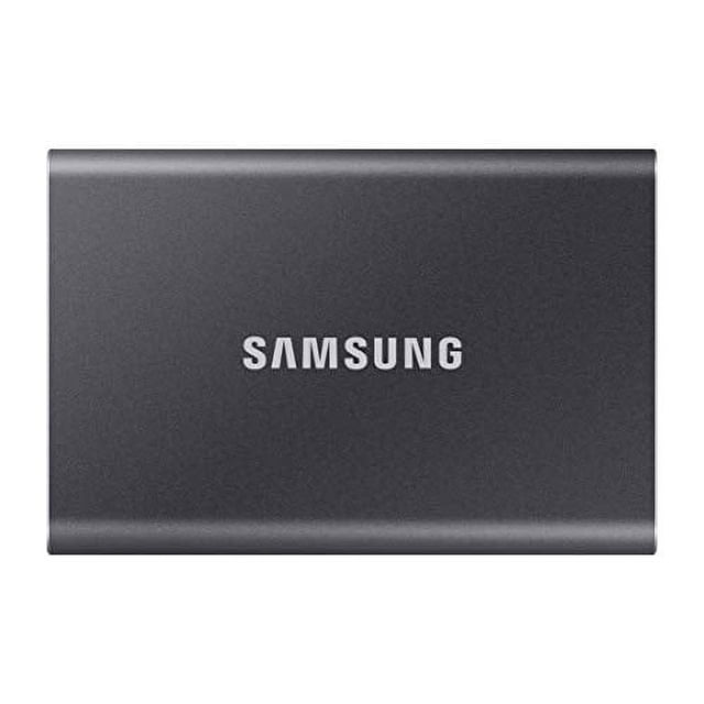 samsung t7 prtbl ssd 1tb usb 3 unidad externa sólida 1 TB gris oscuro con logotipo SAMSUNG centrado, vista frontal de carcasa metálica cepillada y bordes redondeados; adecuada para almacenamiento portátil y copias de seguridad.