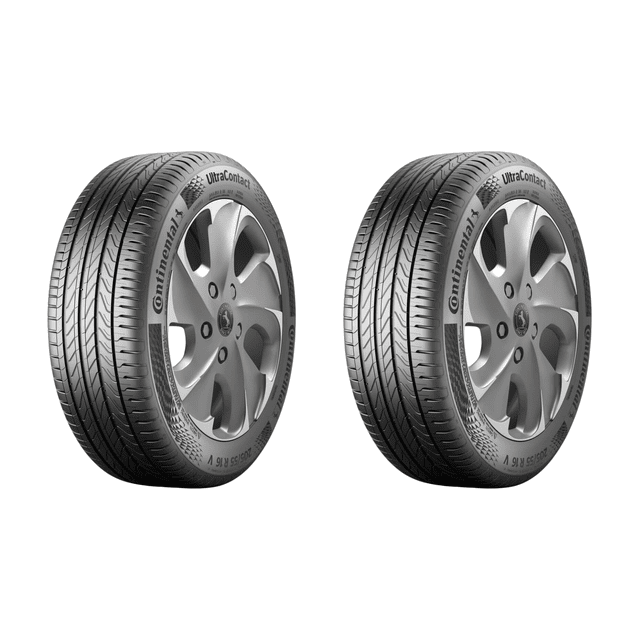 paquete de 2 llantas 215/55r17 94v fr modelo ultra contact marca continental, par de neumáticos UltraContact 215/55R17 94V FR con dibujo direccional y laminillas para mejor frenado en mojado, protector de rin (FR) visible en el flanco, perfil 55 sobre aro 17, imagen frontal a 3/4 sobre fondo blanco; también suelen usarse en vehículos eléctricos por su rodado silencioso.