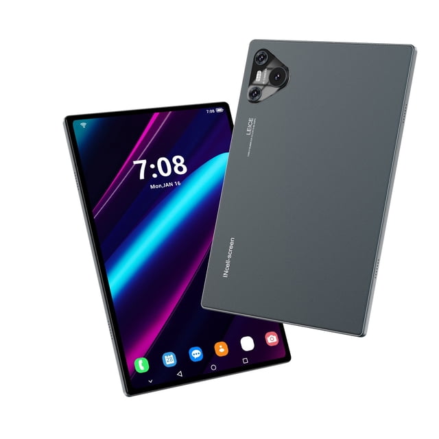 pisexur electrónica para hombres 10.1 pulgadas pantalla de alta definición con protección ocular 2+16gb tableta 10 compatible con tarjeta de 128gb tableta electrónica para niños, organizador de elect — Vista 3/4 frontal y trasera de tableta color BK con pantalla HD, bordes delgados, cámara trasera, puerto USB-C; 10.1 pulg, 2GB+16GB y soporte hasta 128GB; adecuada para lectura, multimedia y uso educativo.
