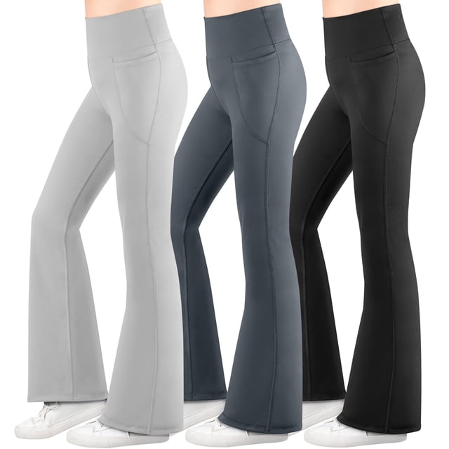 BIG ELEPHANT 3 Packs de Leggings Acampanados para Niña con Bolsillos Laterales, Pantalones Acampanados de Cintura Alta para Baile