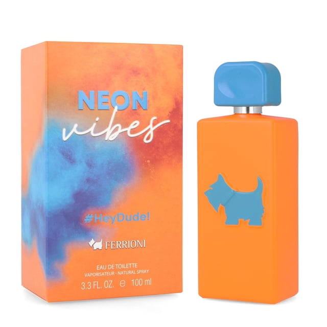 ferrioni neon hey dude 100 ml edt spray 100ml Frasco rectangular naranja con tapa azul y silueta de perro, caja naranja con nebulosa azul y texto NEON vibes y logo Ferrioni; fragancia cítrica para caballero, contenido 100 ml; apto para llevar en bolso de viaje.