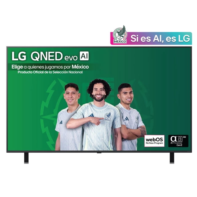pantalla lg 75" 4k smart tv qned evo qned85 miniled - procesador α8 ai 4k gen2, 120hz y magic remote ai pantalla frontal negra de 75 pulgadas con biseles delgados y patas laterales; en la pantalla se muestra una gráfica promocional de la selección de fútbol de México; logos de WebOS 25, Dolby Vision y α8 AI visibles en el borde inferior.