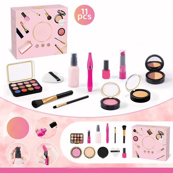 Set de maquillaje de imitación para niñas | Kit de cosméticos con sombra de ojos, brillo de labios y pinceles | Juego de maquillaje de plástico lavable para niñas.