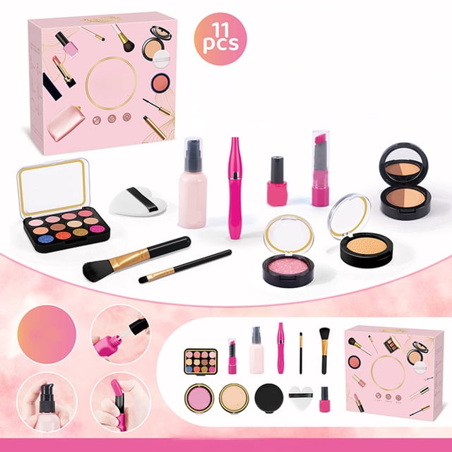 set de maquillaje de imitación para niñas | kit de cosméticos con sombra de ojos, brillo de labios y pinceles | juego de maquillaje de plástico lavable para niñas HIGERH en estuche rosa. Vista frontal centrada que incluye paleta de sombras de 10 tonos, rubor compacto, polvo compacto, brillo de labios en barra y brillo líquido, mini spray, dos brochas y aplicador esponja; piezas en negro con detalles dorados y caja de empaque rosa al fondo. Adecuado para juego de rol y práctica de maquillaje infantil.
