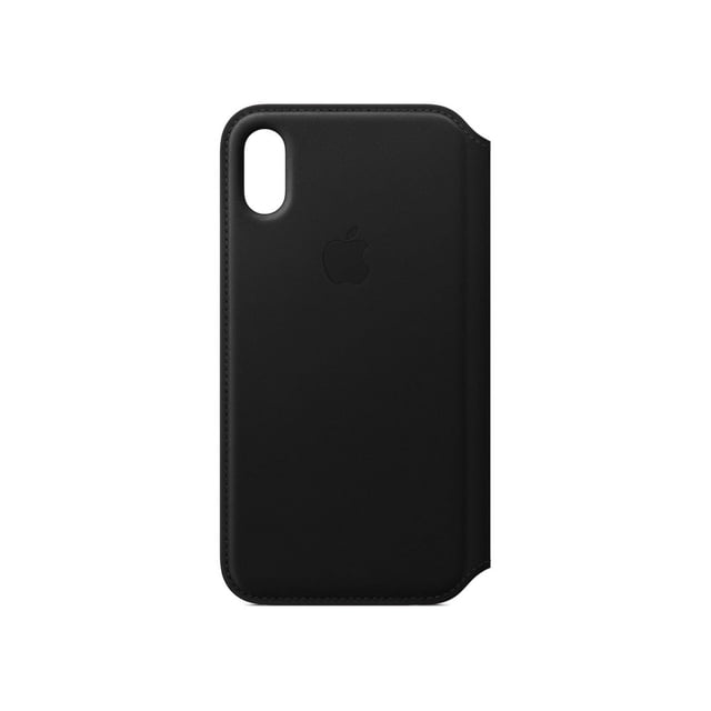 funda de piel para iphone x de apple - negro Vista frontal centrada de una carcasa folio negra para iPhone X con corte vertical para la cámara en la esquina superior izquierda, costuras visibles en el perímetro y logo Apple en relieve; según especificaciones tiene forro de microfibra interior y espacio para tarjetas y billetes, compatible con carga inalámbrica; a menudo usada también para llevar tarjetas al salir.