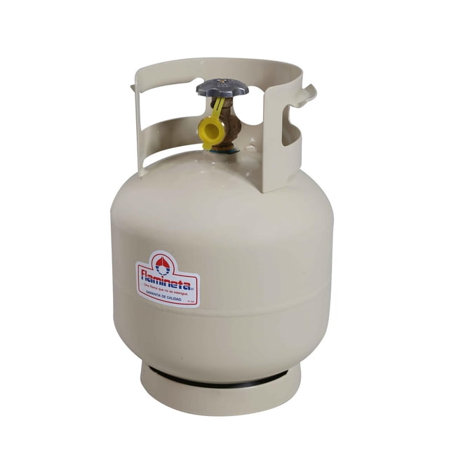 tanque de gas lp portátil flamineta cilindro 4 kgs cilindro portátil beige 4 kg (7 L) con válvula INGUSA superior y anillo protector, vista frontal 3/4 con acabado en pintura electrostática, etiqueta Flamineta y base circular; ideal para asadores, carritos de comida y calefactores, y adecuado para usar con lámparas de campo.