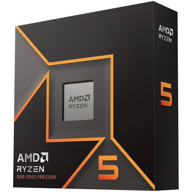 procesador amd ryzen 5 9600x 3.9 ghz six core am5 gris, caja frontal vertical con diseño geométrico naranja y ventana que muestra el procesador; 6 núcleos y 12 subprocesos, reloj base 3.9 GHz, socket AM5, memoria DDR5 compatible hasta 192 GB; apto para creación de contenido y juegos.