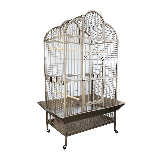 jaula macondo ii p/loro redkite macondo ii Jaula para loro multicolor, vista frontal centrada con techo abovedado y estructura metálica; incluye 2 perchas internas y 3 comederos con soportes, bandeja sanitaria removible y base con ruedas (111 cm x 81.5 cm). A menudo usada para exhibición en interiores o como jaula de descanso para loros.