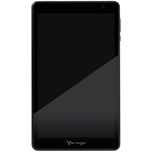 tablet 8 pulgadas vorago pad-8 quad core 4gb 64gb wifi android 13 pad-8-bk negro vista frontal de la Vorago PAD-8 en negro con pantalla IPS de 8" 1280x800, cámara frontal en el bisel superior, logo Vorago en el bisel inferior, botones en el borde derecho y pantalla capacitiva de 5 puntos; adecuada para navegación web y lectura de ebooks.