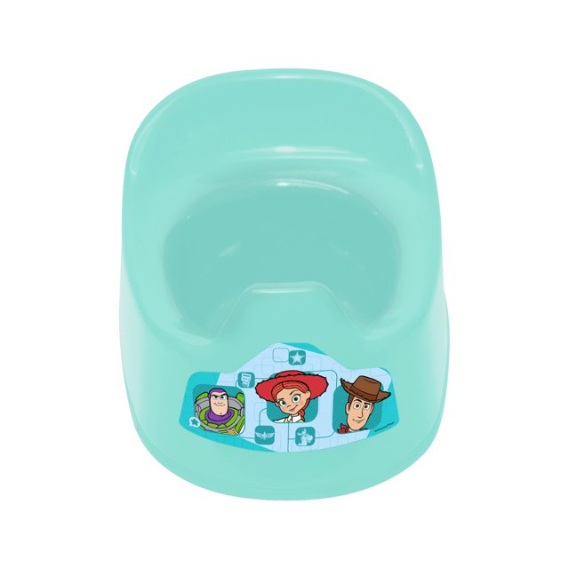 nica disney toy story 5 edición especial turquesa, baño entrenador infantil en vista cenital con respaldo integrado y base amplia; plástico liso fácil de limpiar, vinil frontal con personajes de Toy Story, fácil de transportar, hecho en México e ideal para la transición del pañal al inodoro.
