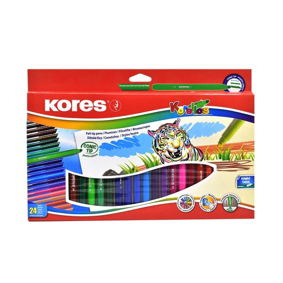 Plumones Kores Korellos Punta Cónica 24 Colores Lavables para Dibujar y Colorear