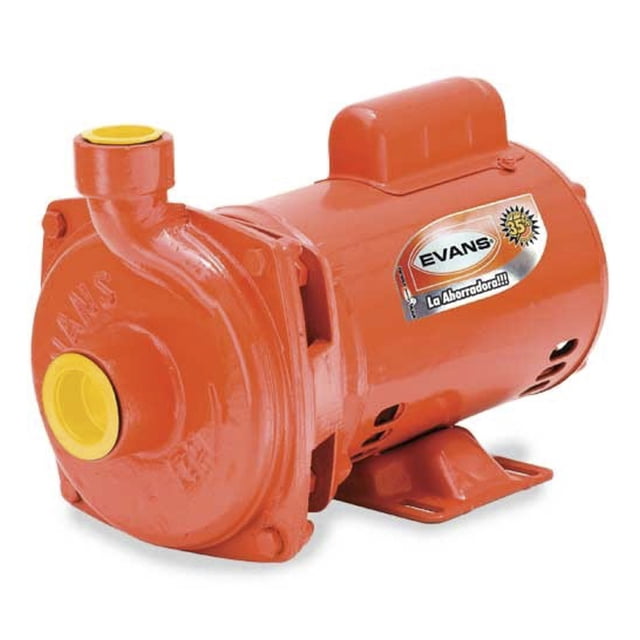 bomba centrifuga 1 hp evans 3hme100 evans 3hme100 Bomba centrífuga doméstica roja EVANS, vista lateral 3/4 con carcasa de hierro pintada roja y base de montaje; succión 1.25 pulg y descarga 1.00 pulg con boquillas amarillas, impulsor cerrado de nylon, una etapa, placa con logo EVANS visible; diseñada para abastecimiento de agua en casas, llenado de tinacos y cisternas y uso en pequeñas granjas.