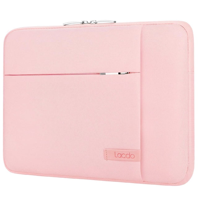 funda para laptop lacdo para macbook pro de 14" y surface en rosa. Vista frontal centrada de funda rosa acolchada con cierre doble de cremalleras plateadas, bolsillo frontal lateral y etiqueta Lacdo cosida; superficie de poliéster texturizado y bordes redondeados, dimensiones internas 32.5 x 2.54 x 23.5 cm, compatible con MacBook Pro 14" (2021–2024) y Surface Laptop 13.5/13.8"; también útil para guardar cargador y mouse.