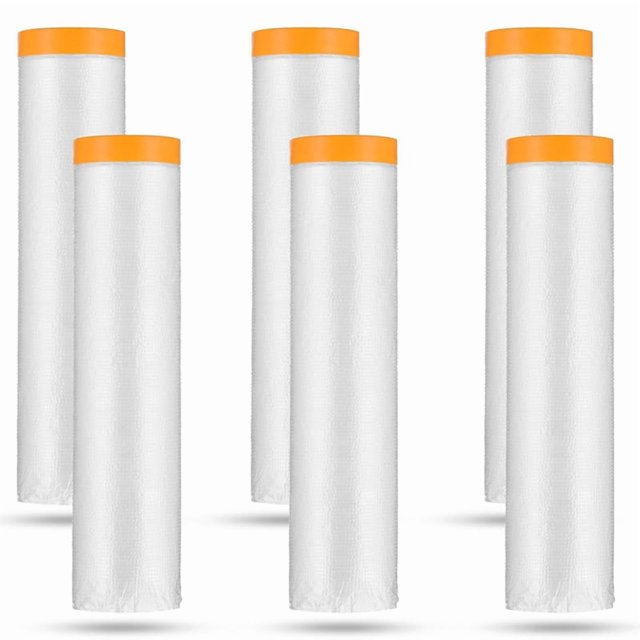 6 Rollos de Cinta de Plástico para Pintores con Cinta Adhesiva, Película de Enmascarar Preencintada, la Mejor Cinta y Cortina para Automóviles, para Cubrir Rodapiés