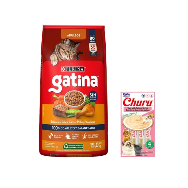 gatina pollo 15 kg + churu snack salmon y atun 14 g (4 pzas.) bolsa roja de croquetas Gatina sabor pollo 15 kg en vista frontal con ilustración de gato, plato con croquetas y dibujos de pollo y verduras; a la derecha paquete Churu snack salmón y atún 14 g (4 pzas.) blanco y rosa con imagen del snack cremoso y gatos. Indicado para mantenimiento de gatos adultos; promueve piel y pelaje saludables, buena digestión, músculos y huesos sanos, vitalidad y energía y salud del tracto urinario.