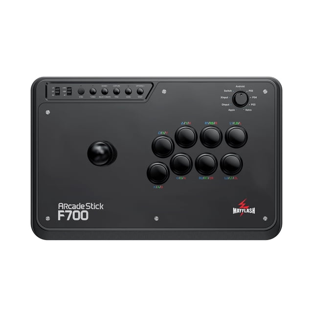 arcade stick mayflash f700 inalámbrico bluetooth para ps5/ps4/switch Vista frontal cenital del Arcade Stick F700 negro con joystick a la izquierda y ocho botones en formación 2x4 a la derecha; panel superior con controles de modo y selector rotatorio de plataforma, texto 'ArcadeStick F700' y logotipo Mayflash en la esquina inferior. Compatible con Bluetooth, receptor 2.4G con compartimento oculto y conexión USB por cable; adecuado para transporte en viajes cortos.