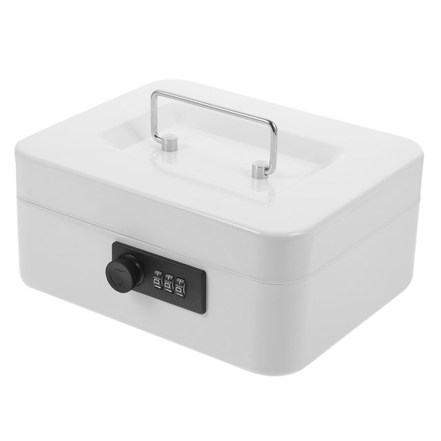 caja de dinero con cerradura y cerradura, hucha decorativa, caja de almacenamiento para dinero en efectivo Blanco de hierro 19.6×16×9 cm, vista 3/4 frontal con asa metálica plegable en la tapa y cerradura de combinación negra en el frente; superficie lisa y esquinas redondeadas, ideal para guardar efectivo, monedas, joyas o recuerdos y como accesorio decorativo de estilo clásico para oficina o negocio.