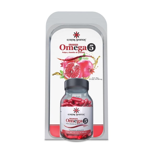 suplemento alimenticio essential nutrition omega 5 de granada 90 cápsulas de 500 mg frontal, envase y frasco con cápsulas rojas visibles; etiqueta con marca Essential Nutrition, nombre Omega 5 Granada, ilustración de granadas partidas y texto que indica pulpa y semilla de granada y 90 cápsulas de 500 mg.