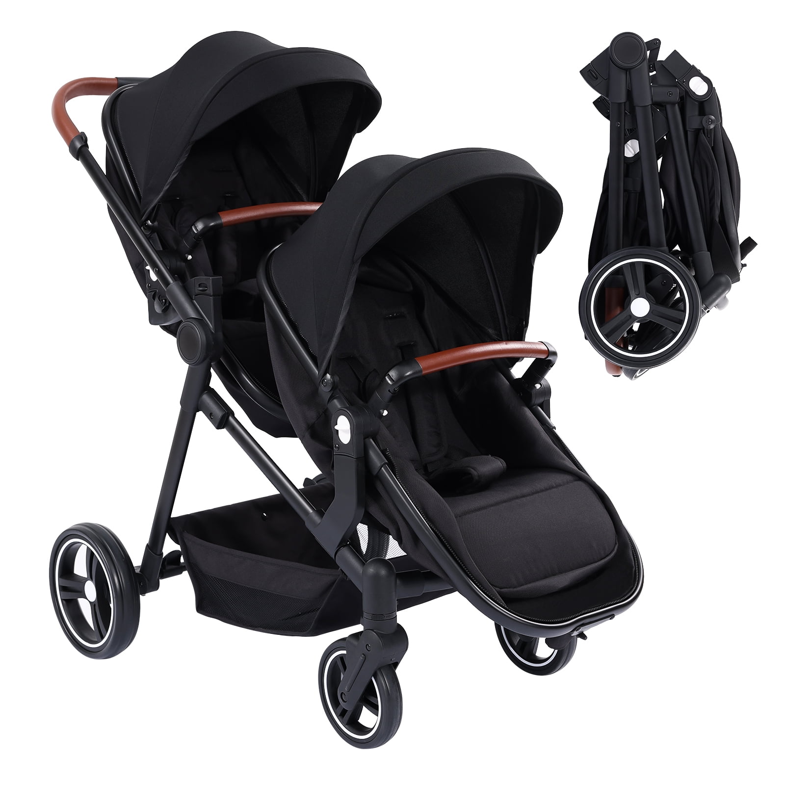 Towallmark Carriola Doble, Carriola Tándem Plegable para Bebés y Niños, Silla de Paseo Reversible Multiposición con Gran Cesta de Almacenamiento, Respaldo Ajustable y Toldo, Negro