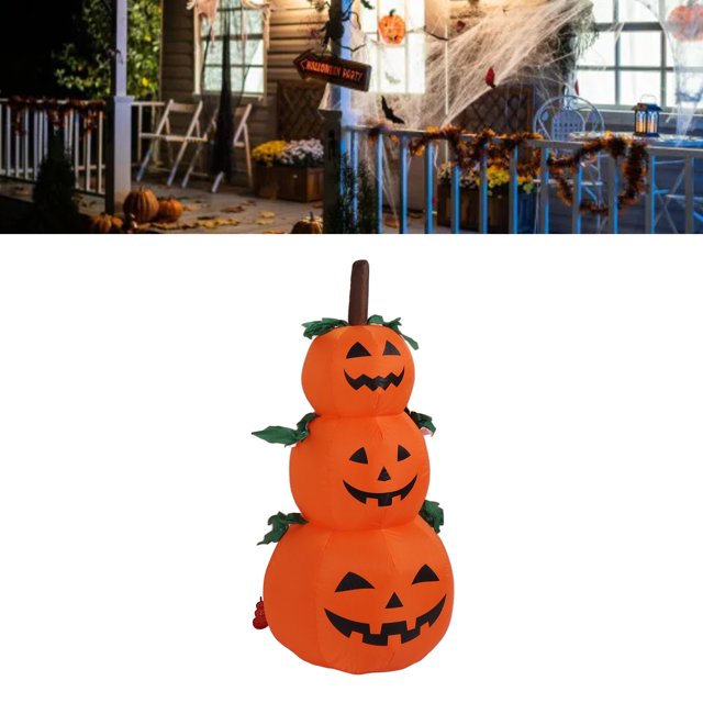 calabaza inflable de halloween anggrek 39 pies con luces led decoración para patio al aire libre Decoración inflable de tres calabazas apiladas (1,2 m) en poliéster naranja con caras negras, tallo marrón y hojas verdes; vista frontal centrada con cuerdas de nailon y anclajes de tierra, diseñada para jardín o entrada exterior e ideal para ambientar fiestas de Halloween.