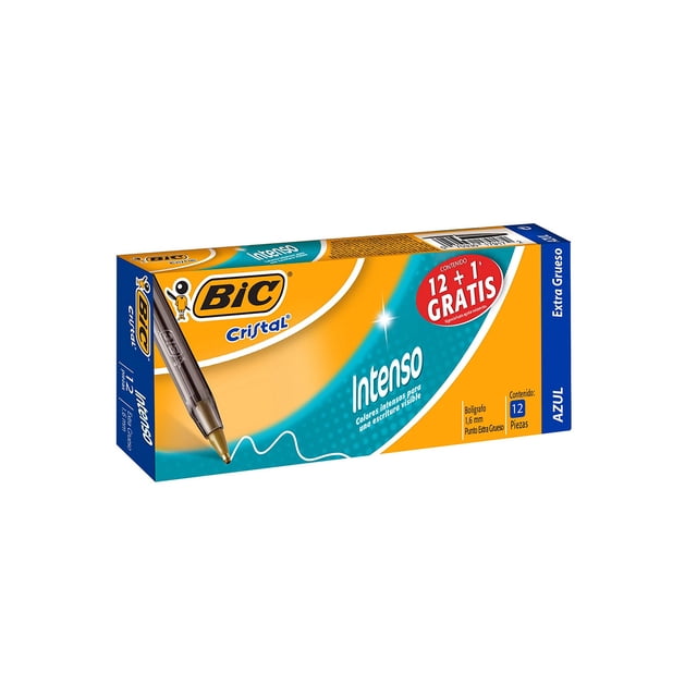 bolígrafo bic cristal extra grueso tinta azul 12 piezas bic Caja 12+1 de bolígrafos BIC Cristal extra grueso con cuerpo hexagonal translúcido que muestra la tinta azul y tapa a juego; empaque amarillo y turquesa con texto 'Intenso' y logo BIC visible. Vista 3/4 sobre fondo blanco; suele utilizarse para apuntes diarios y es práctica para llevar en guanteras o kits de herramientas.