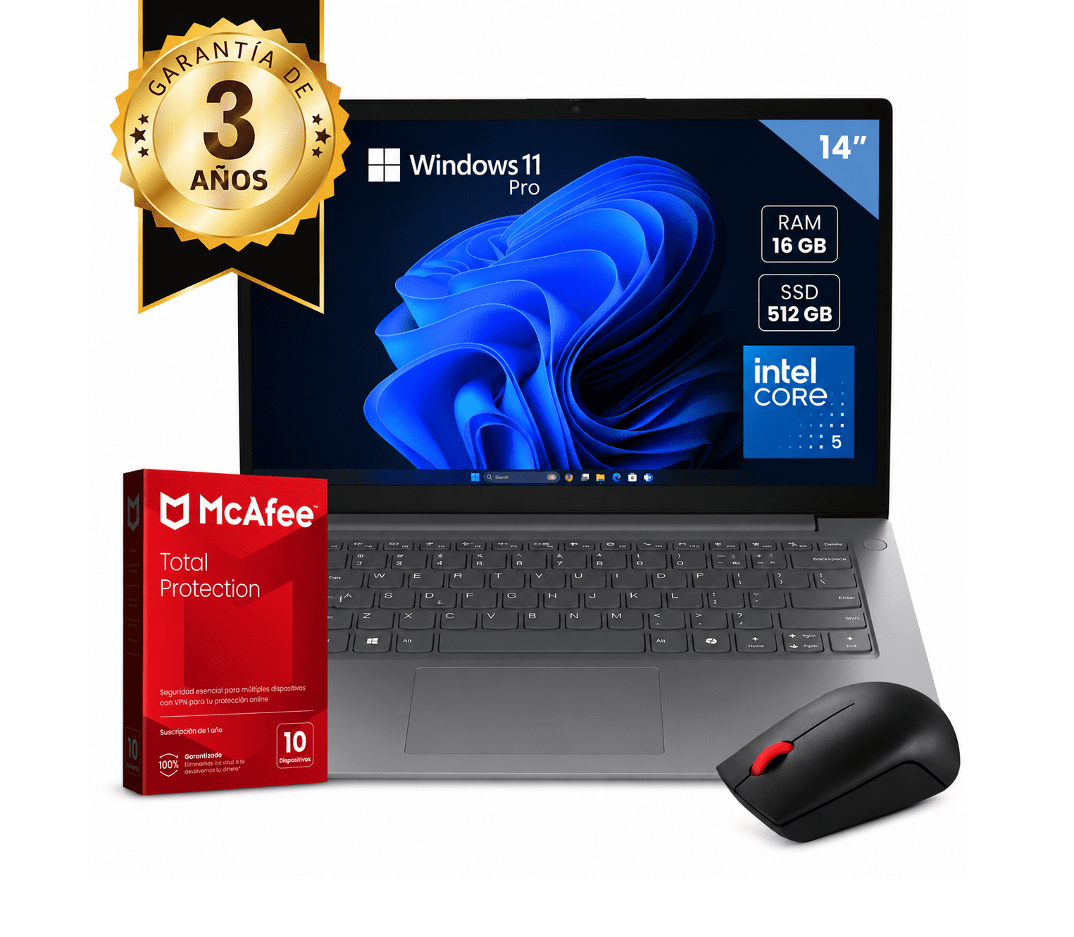 KIT LAPTOP LENOVO V14 G5 IRL INTEL CORE I5 210H RAM 16GB SSD 512GB W11P + MOUSE + ANTIVIRUS