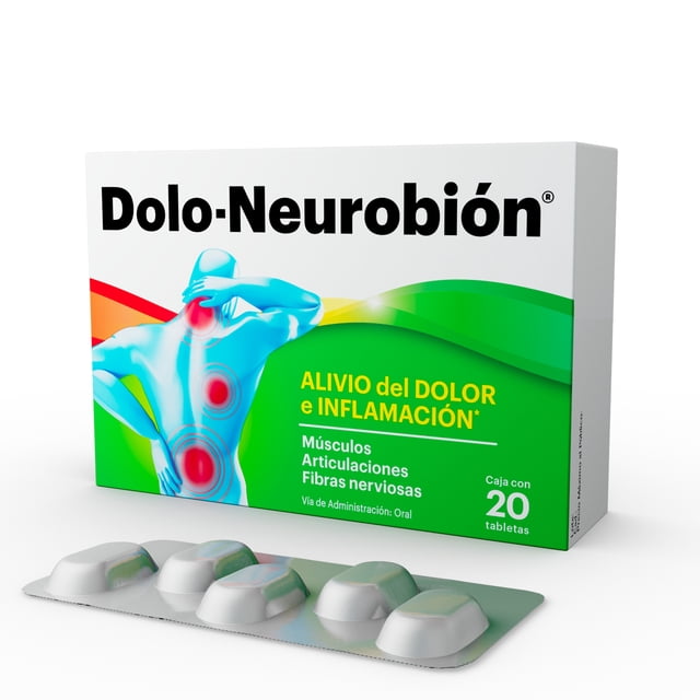 dolo-neurobión acción 4 en 1, alivia el dolor e inflamación, acorta el tiempo de tratamiento y brinda energía para recuperación 20 tabletas. Caja frontal blanca y verde con logo negro y gráfico de figura humana azul con marcadores rojos en hombro, cuello y espalda baja; texto amarillo "Alivio del dolor e inflamación" y listado de músculos, articulaciones y fibras nerviosas; blister plateado con cavidades visibles de tabletas en primer plano.