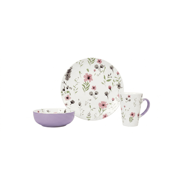 vajilla de porcelana 12 pzas, 4 personas - amina - crown baccara set visible: plato trinche, bowl y taza con fondo blanco y diseño floral acuarela en lavanda, rosa pastel y verde musgo; bowl con exterior lila sólido y asa de taza lavanda, vista frontal sobre fondo blanco; adecuada también para mesas informales y reuniones pequeñas.