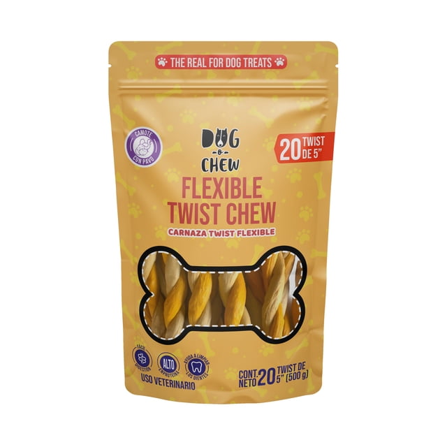 premio de carnaza para perro dog-o-chew trenza flexible 5' 100% natural sabor camote pavo, bolsa frontal amarilla con ventana que muestra 20 twists dobles de 12 cm; empaque con logo DOG-O-CHEW, indica NO conservadores y fácil digestión; también apto para usar por porciones como refuerzo de entrenamiento.