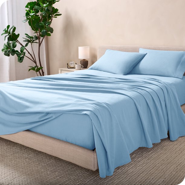 Juego de Sábanas de Lujo Bare Home Tamaño Queen Franela 100 % Algodón Bolsillo Profundo 4 Piezas Azul Claro