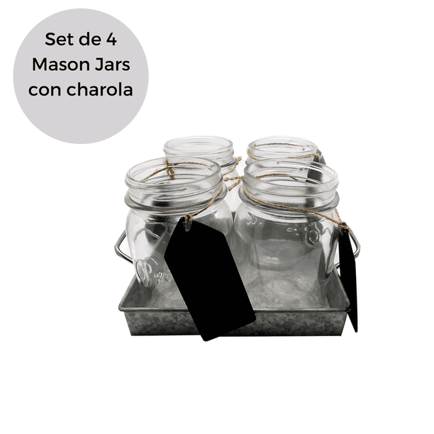 Set de 4 tarros mason jars con charola Good & Good HE-5811