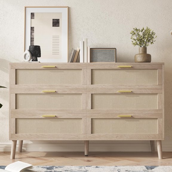 Yeshouse Cómoda de 6 cajones para el dormitorio, cómoda de ratán Natural con asas de Metal de oro, cajoncasa de campo con 5 patas fuertes para la sala de estar, pasillo, entrada