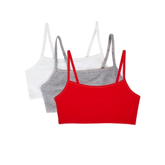 sujetador deportivo fruit of the loom de algodón con tirantes finos paquete de 3 — tres brasieres deportivos de cobertura completa con tirantes delgados: vista frontal apilada, delantero rojo liso, medio gris jaspeado y fondo blanco liso; confección de dos capas elásticas visible en bordes; adecuado también como top ligero para uso casual.