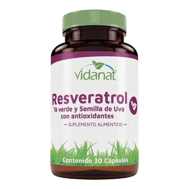 resveratrol vidanat 30 cápsulas frasco frontal con etiqueta blanca y morada: marca Vidanat arriba, texto grande "Resveratrol" y leyenda "Té verde y Semilla de Uva con antioxidantes"; tapa verde e indicador "Contenido 30 Cápsulas"; suele usarse como suplemento alimenticio para apoyo general y a menudo se guarda en botiquines domésticos.