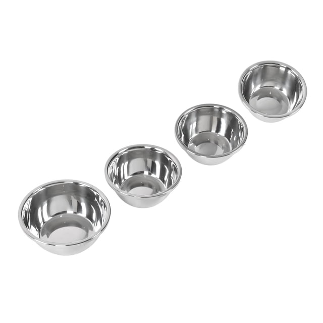 mixing bowl, soup bowl non stick 4pcs stackable for cooking for refrigerator Juego de 4 tazones de acero inoxidable 304 plateados apilables en vista 3/4; bordes redondeados y fondo plano; tamaños aprox. 18, 20, 22 y 24 cm; para mezclar, servir y refrigerar ingredientes.