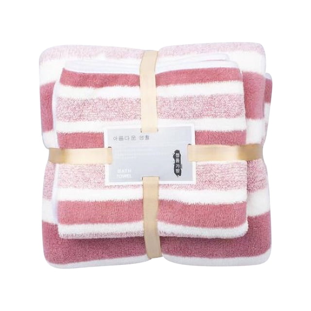 gray coral velvet striped bath towel set 2-piece absorbent cotton towels for bathroom and spa Rosa — front-facing folded 2-piece set tied with beige ribbon showing one 73 cm x 140 cm bath towel and one 35 cm x 75 cm face towel, coral and white horizontal stripes, coral velvet cotton pile and visible plush texture, retail label centered on top; suitable for bathroom, spa or gym use.