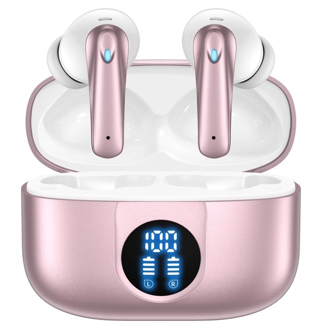 v5.4 auriculares bluetooth inalámbricos, auriculares bluetooth 60 horas de batería con cancelación de ruido llamadas claras micrófono incorporado resistente al agua ipx7 Auriculares TWS VEAT00L rosa dorado con estuche de carga abierto, vista frontal; pares tipo bastón con puntas intrauditivas y controlador de 13 mm, pantalla LED circular numérica y indicadores de batería L/R en la caja, controles táctiles y orificio de micrófono visibles, acabado metálico mate y diseño compacto para llevar en bolsillo. Bluetooth 5.4 y ANC para llamadas claras; a menudo usados para escucha móvil y viajes cortos.