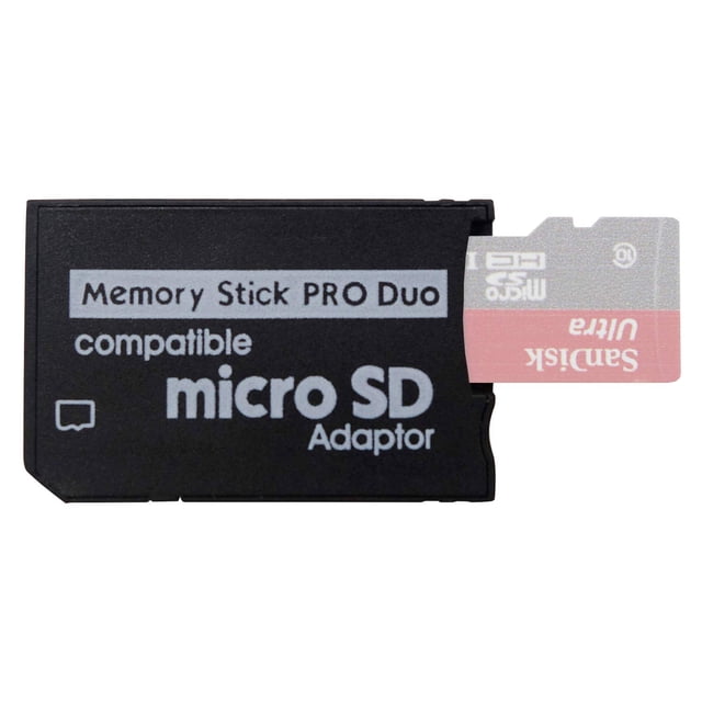 adaptador memory stick funturbo micro sd a memory stick pro duo adaptador negro frontal con texto blanco 'micro SD Adaptor', ranura superior con una microSD parcialmente insertada; compatible con PSP 1000/2000/3000, cámaras Sony y Handycam, microSD no incluida; también suele usarse como reemplazo de Memory Stick PRO Duo en viajes.