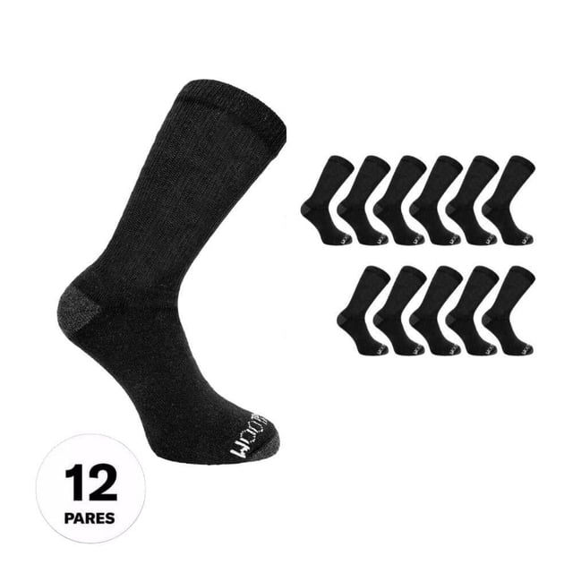 calceta fruit of the loom para hombre unitalla 12 pares Par de calceta negra Fruit of the Loom, vista lateral media caña con punta y talón oxford más oscuro; tejido de punto visible, puño elástico antideslizante y costuras suaves en la punta para evitar roce; fondo blanco con las 12 pares en miniatura y sello "12 pares". Transpirables y adecuadas para todo el año, a menudo usadas para deporte, trabajo o viajes cortos.