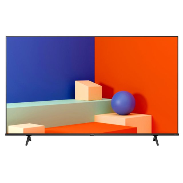 tv 43 pulgadas smart tv uhd 4k 43a6nv vidaa tv hisense televisor inteligente de 43" color negro con bisel delgado y peanas en V, pantalla UHD 4K mostrando bloques geométricos coloridos; incluye sistema VIDAA y tecnología Smooth Motion, también apto para gaming casual.