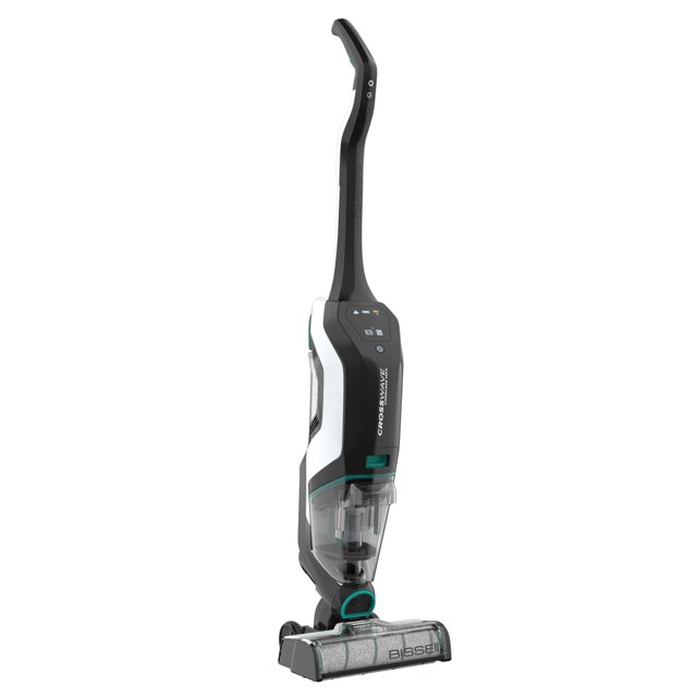 aspirador bissell crosswave cordless max 2554 negro/blanco limpiador inalámbrico multisuperficie, vista 3/4 frontal con mango curvado y cuerpo negro y blanco, panel de controles, depósito transparente de agua sucia, cabezal con rollo de cepillo gris y logo Bissell; aspira y friega pisos duros y alfombras y suele usarse para recoger pelo de mascotas en limpiezas rápidas.