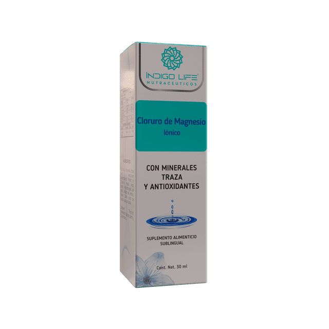 indigo life cloruro de magnesio ionizado 30 ml caja frontal con logotipo INDIGO LIFE NUTRACEUTICOS, etiqueta "Cloruro de Magnesio Iónico" en recuadro turquesa, texto "Con minerales traza y antioxidantes", ilustración de gotas y nota "Suplemento alimenticio sublingual", contenido neto 30 ml.