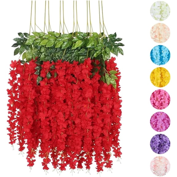 Flores Artificiales De Decoracion Glicina Colgantes De Wisteria para Jardín Exterior Hogar Fiesta Boda Plantas Artificiales Decorativas Flores Artificiales Realistas (Rojas 12 Piezas)