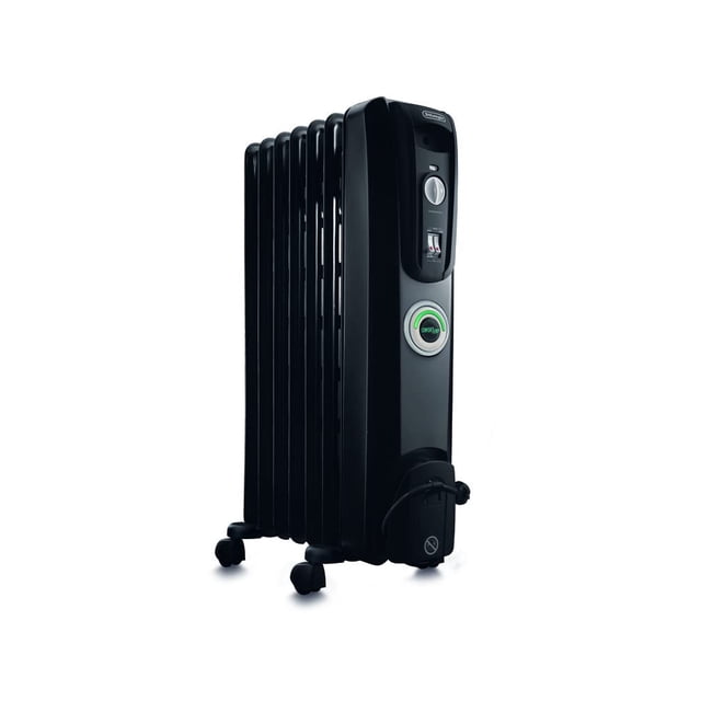 calentador delonghi, negro, 25"h x 10.75"w x 13.75"d, 1 radiador de aceite De'Longhi en vista frontal 3/4 con siete celdas selladas, panel lateral con perilla y botón ComfortTemp iluminado, símbolo de SafeHeat visible, ruedas pre-ensambladas y cable en la base; adecuado también como calefactor portátil para oficinas o habitaciones pequeñas.