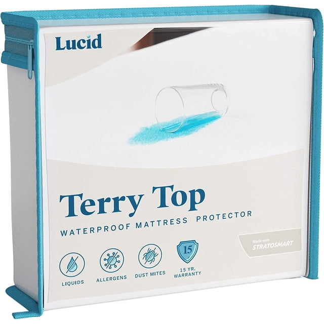 lucid - protector de colchón 100% impermeable - ajuste universal - cubierta de tela toalla - cubre colchón de algodón suave - hipoalergénico y transpirable - blanco - tamaño individual extra largo Empaque frontal 3/4 del protector Lucid: caja blanca con ribete turquesa y logo Lucid, gran texto "Terry Top", pictogramas que indican protección contra líquidos, alérgenos y ácaros y sello de 15 años; ilustración de vaso volcado con líquido azul y asa lateral. Diseñado para colocarse como sábana ajustable en colchones individuales extra largos; a menudo también se usa para proteger colchones de huéspedes o en camas de invitados.