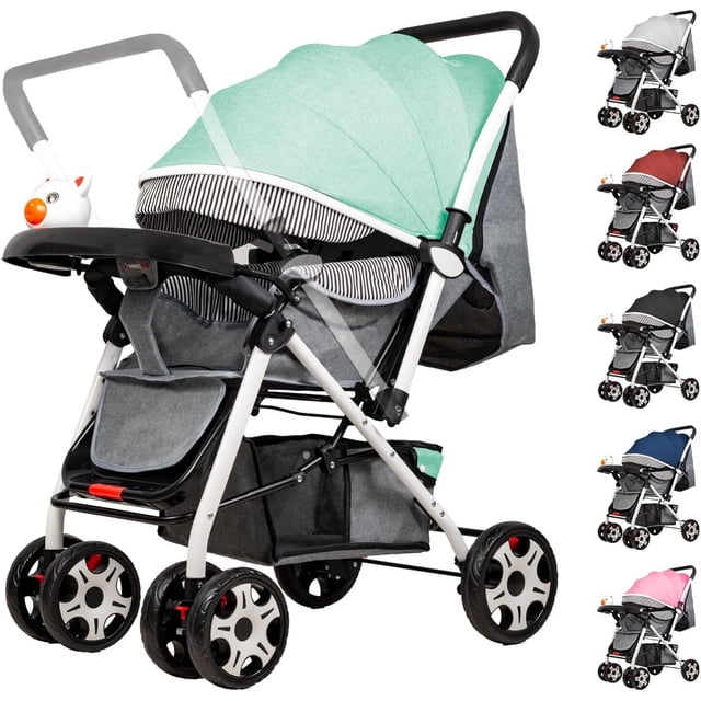 carriola infantil de lujo con toldo de viaje compacta y ligera carriola para bebe con jugetes tela transpirable carrito para bebe con mango ergonomico carreola ultra ligera y comoda (verde) Carriola verde en vista 3/4 con toldo ajustable y asiento de tela transpirable; bastidor blanco, manubrio reversible con protector antideslizante, barra de seguridad con entrepierna y arnés de 5 puntos; bandeja desmontable con juguete musical, canasta de tela inferior, ruedas dobles con freno y plegado compacto para viaje; también suele usarse para paseos cortos en ciudad.